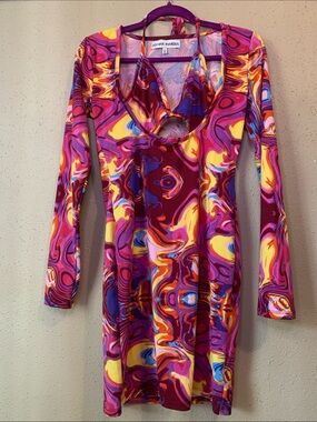Almost Famous Pink Yellow Multi-Swirl Cutout Mini Dress